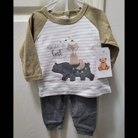 NWT 🦊🐻 René Rofé Baby 2-pc Outfit Long Sleeve Shirt & Pants, Fox & Bear, 6-9 M - Picture 1 of 2